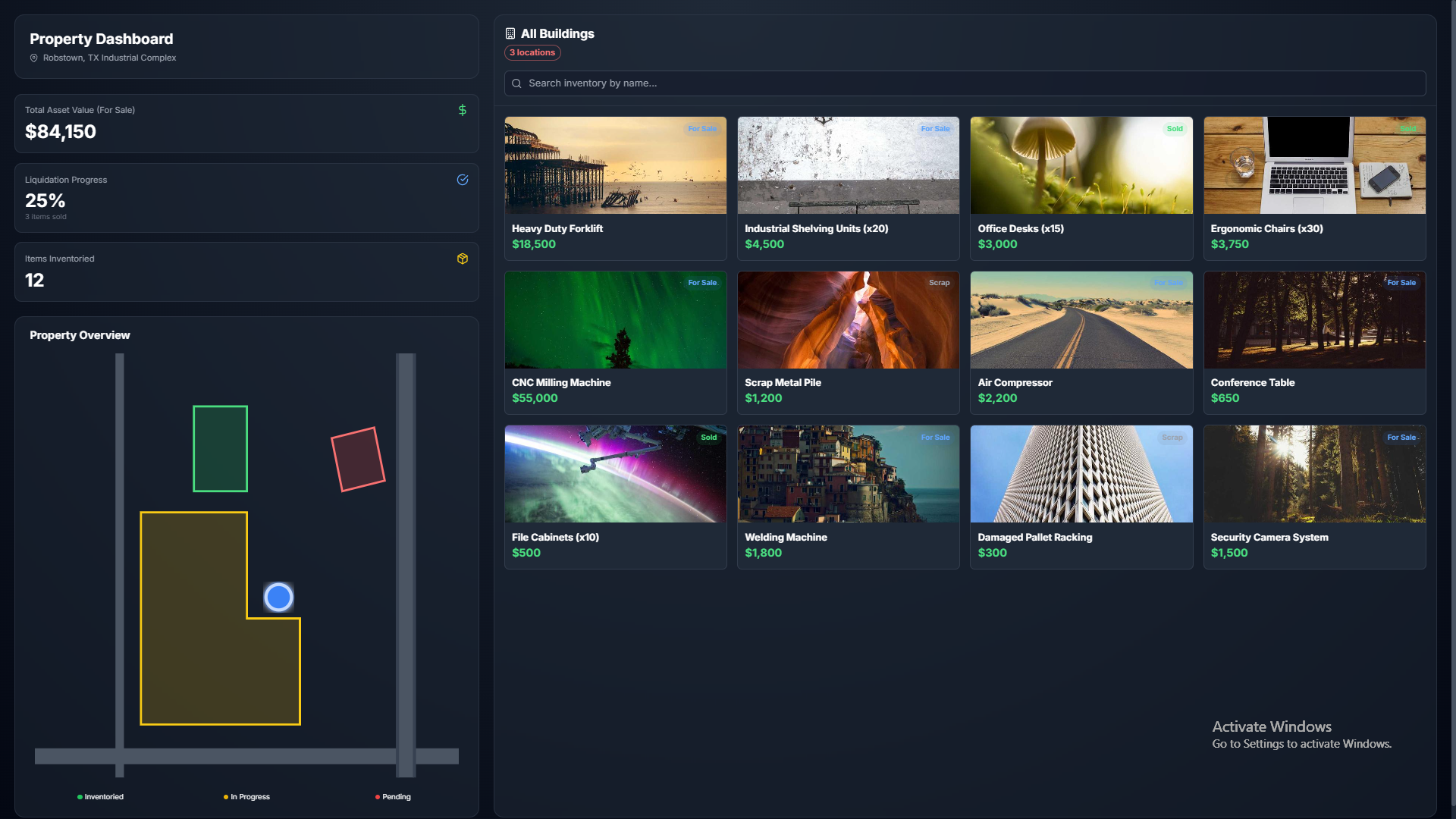 Screenshot of the Industrial Property Liquidation Dashboard